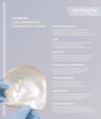 La composition de BIONACRE montre la multitude et la grande diversité des composés organiques comme les oligo-éléments, le zinc, chitine, complexe de peptides, caroténoïdes, aragonite, glycoprotéine ; tous bénéfiques pour la peau. 