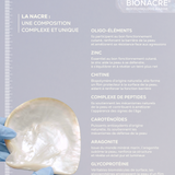 La composition de BIONACRE montre la multitude et la grande diversité des composés organiques comme les oligo-éléments, le zinc, chitine, complexe de peptides, caroténoïdes, aragonite, glycoprotéine ; tous bénéfiques pour la peau.