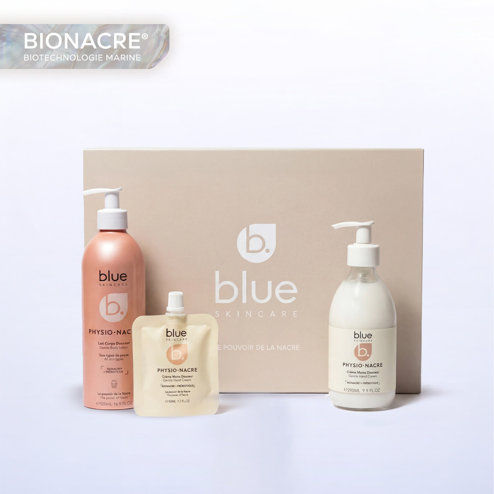 Coffret Perles de Douceur Physio Nacre comprenant le lait corps douceur, la crème mains douceur et la mini crème mains pour hydrater et protéger la peau au quotidien.