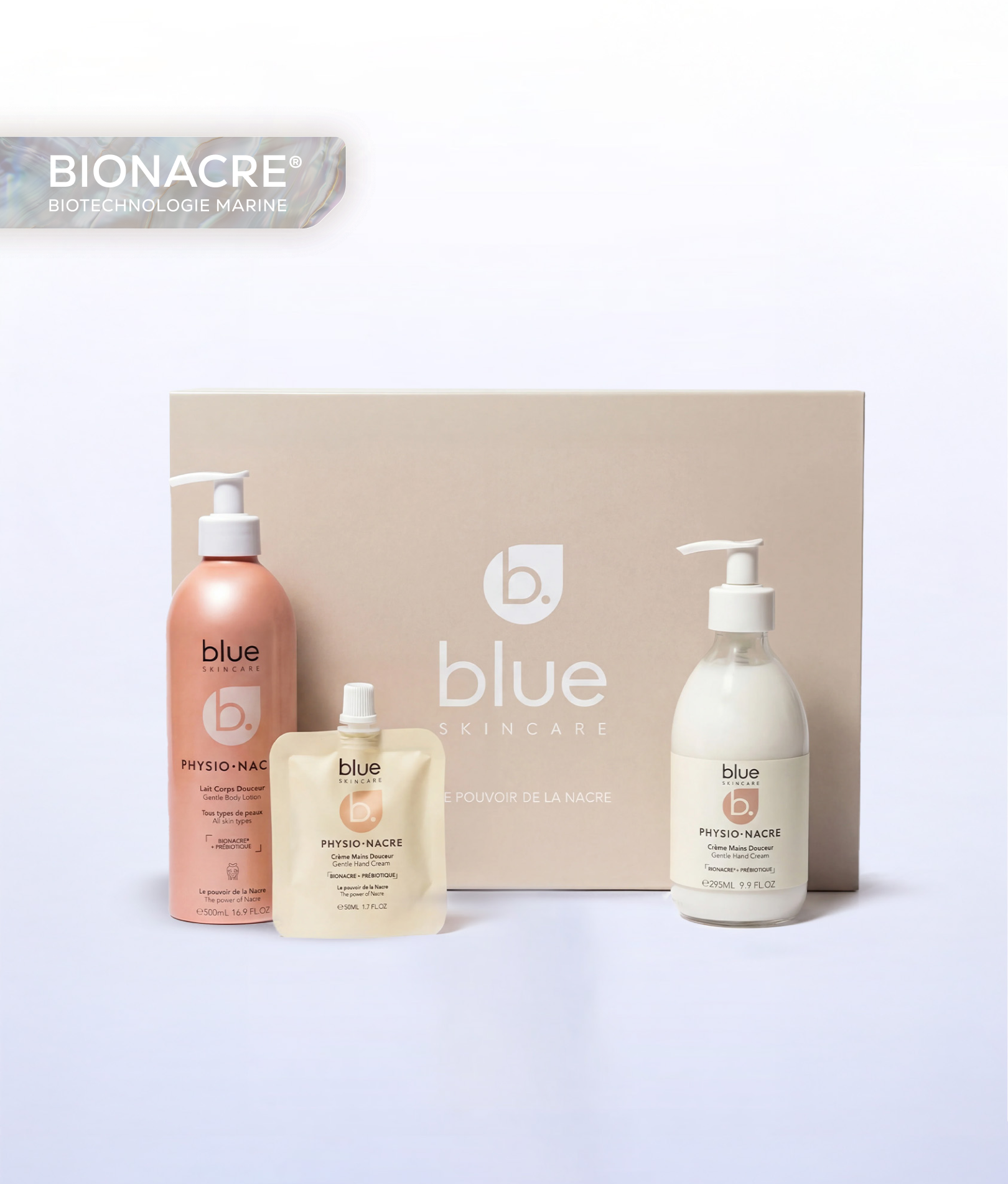 Coffret Perles de Douceur Physio Nacre comprenant le lait corps douceur, la crème mains douceur et la mini crème mains pour hydrater et protéger la peau au quotidien.