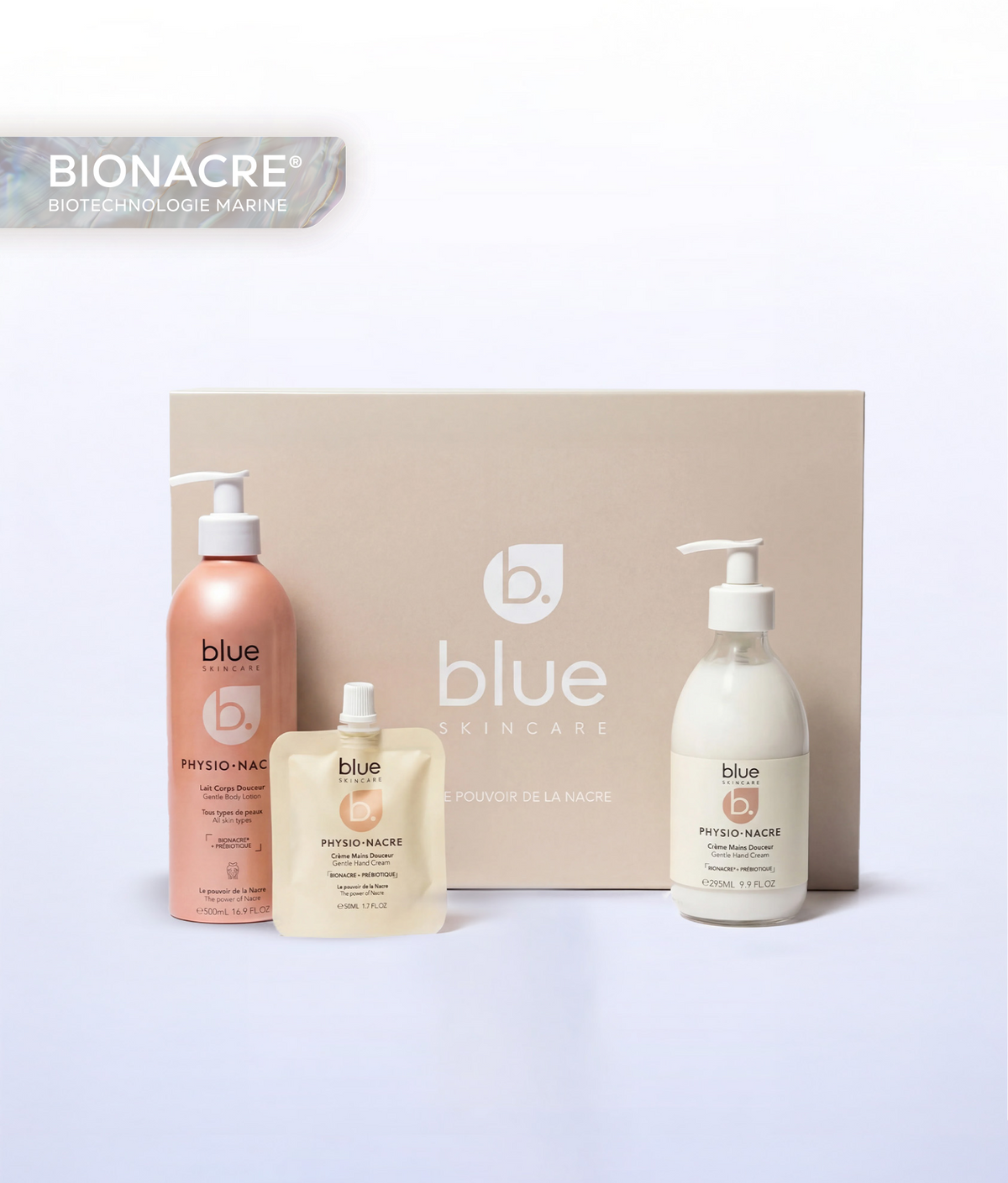 Coffret Perles de Douceur Physio Nacre comprenant le lait corps douceur, la crème mains douceur et la mini crème mains pour hydrater et protéger la peau au quotidien. Image