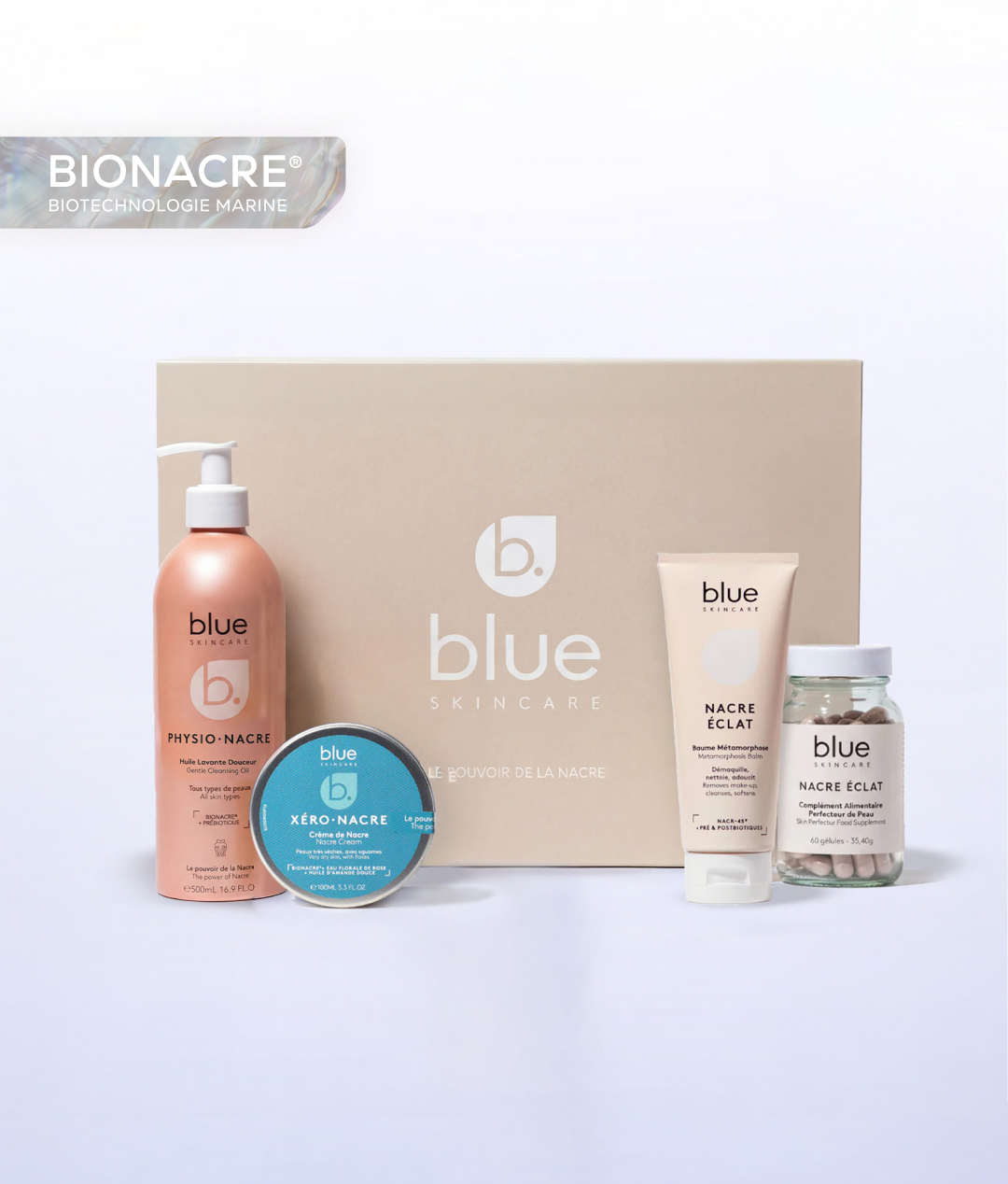 Coffret Trésor de Perle Blue Skincare comprenant une routine complète de soins pour hydrater, nourrir et réparer les peaux sèches et sensibles.