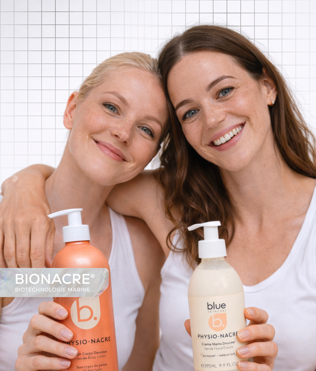 Duo Hydra Douceur Physio Nacre comprenant le lait corps douceur et la crème mains douceur pour hydrater, nourrir et protéger les peaux sèches et sensibles au quotidien. Soins enrichis en BIONACRE pour régénérer et renforcer la peau.