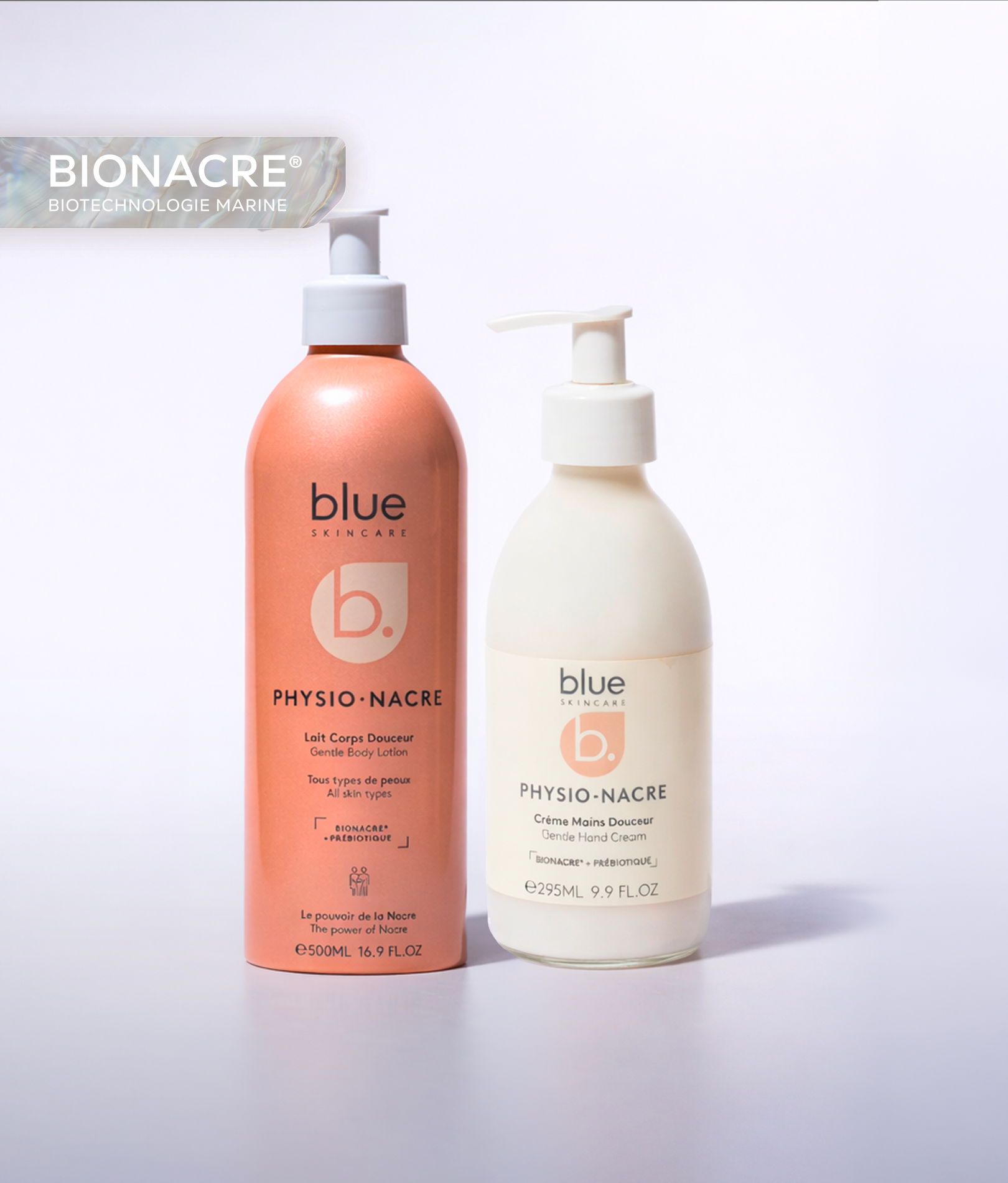 Duo Hydra Douceur Physio Nacre composé du lait corps douceur et de la crème mains douceur pour hydrater et protéger la peau au quotidien.