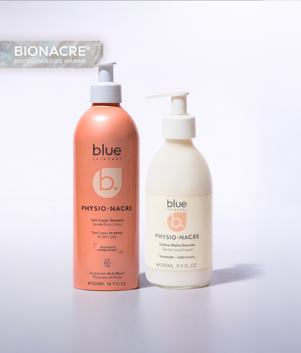 Duo Hydra Douceur Physio Nacre composé du lait corps douceur et de la crème mains douceur pour hydrater et protéger la peau au quotidien.
