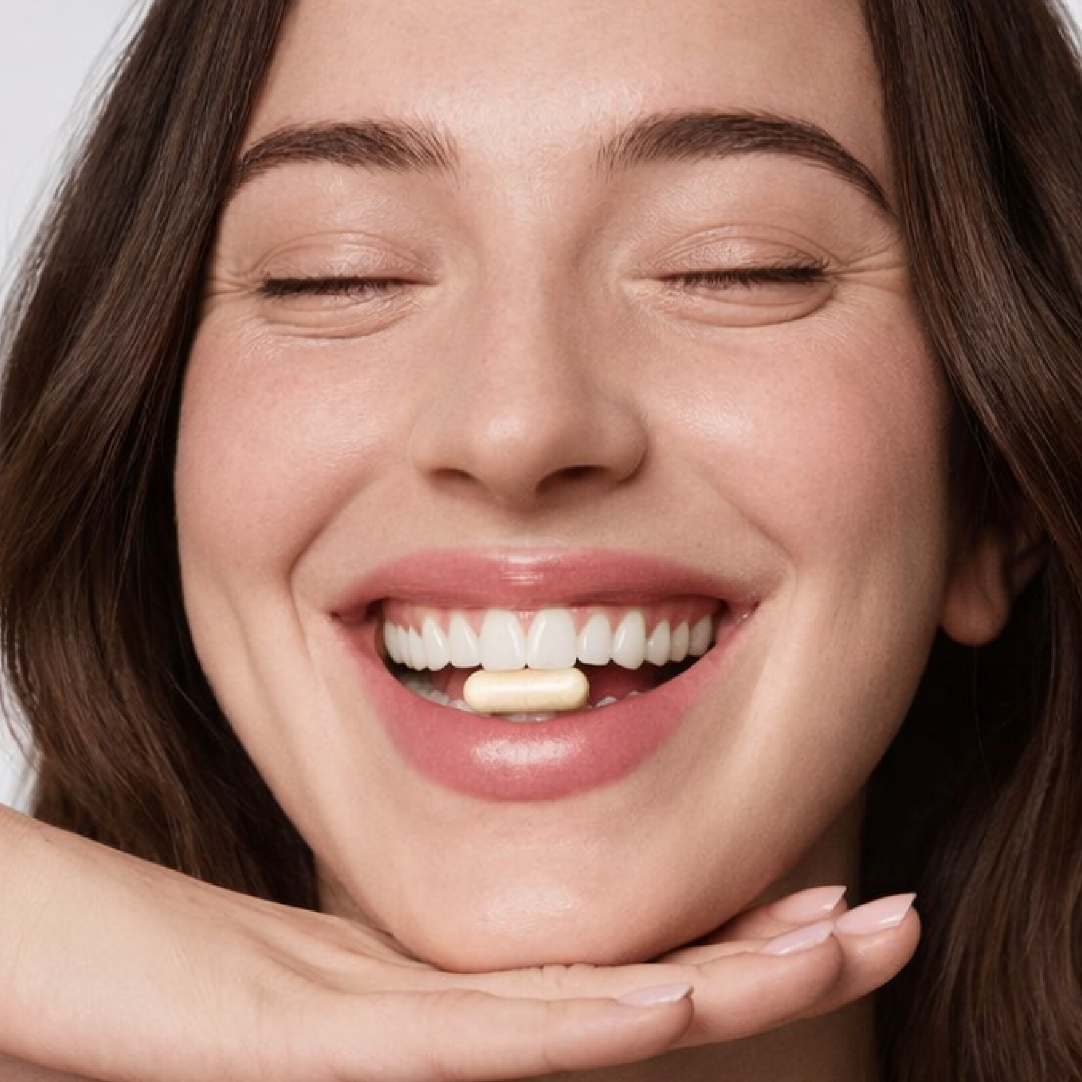 Mannequin prenant une gélule du complément alimentaire Perfecteur de Peau pour compléter sa routine beauté et le soin de la peau.