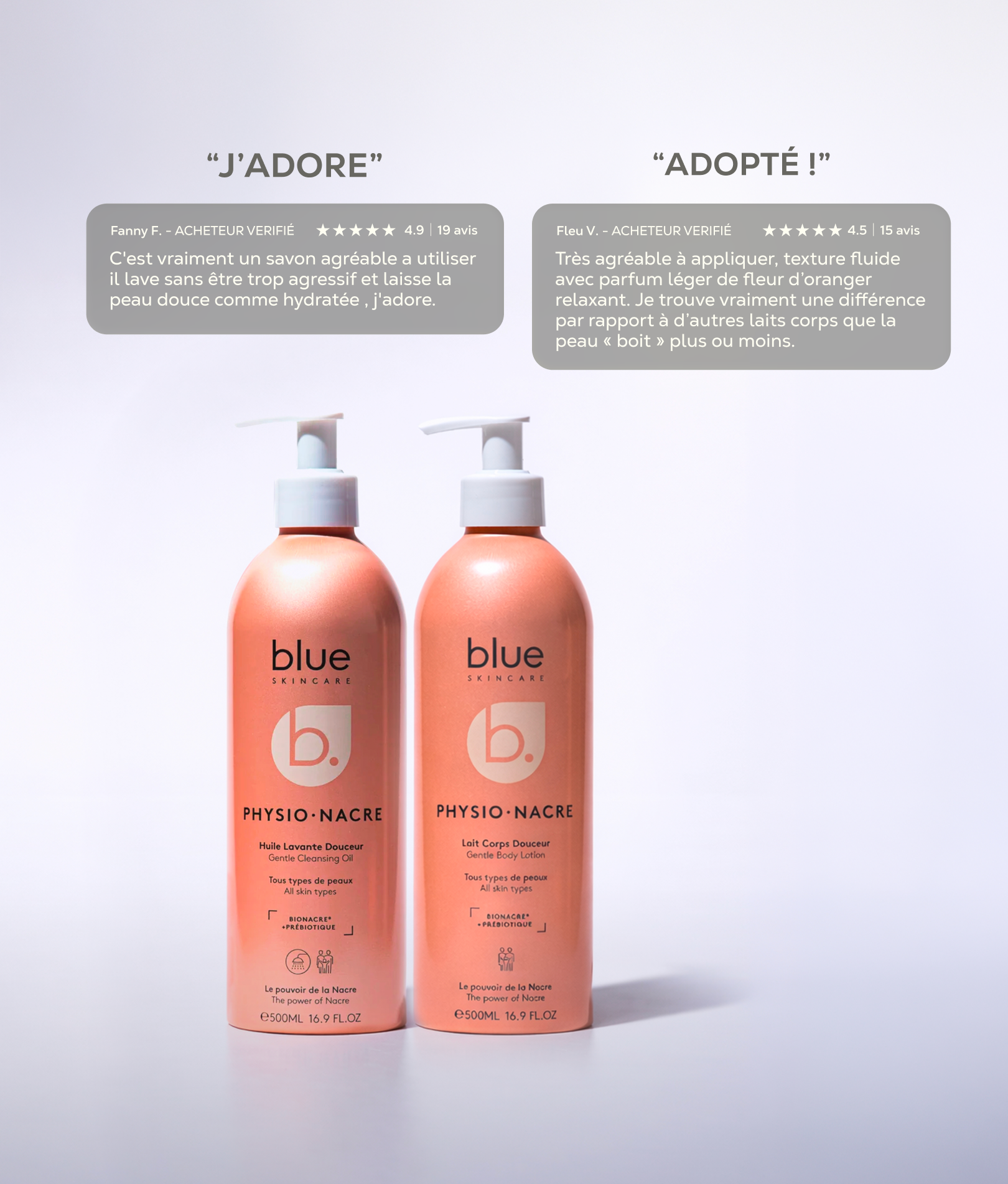 Rituel Douceur Physio Nacre associant une huile lavante et un lait corps pour une routine complète de soin et de confort cutané.