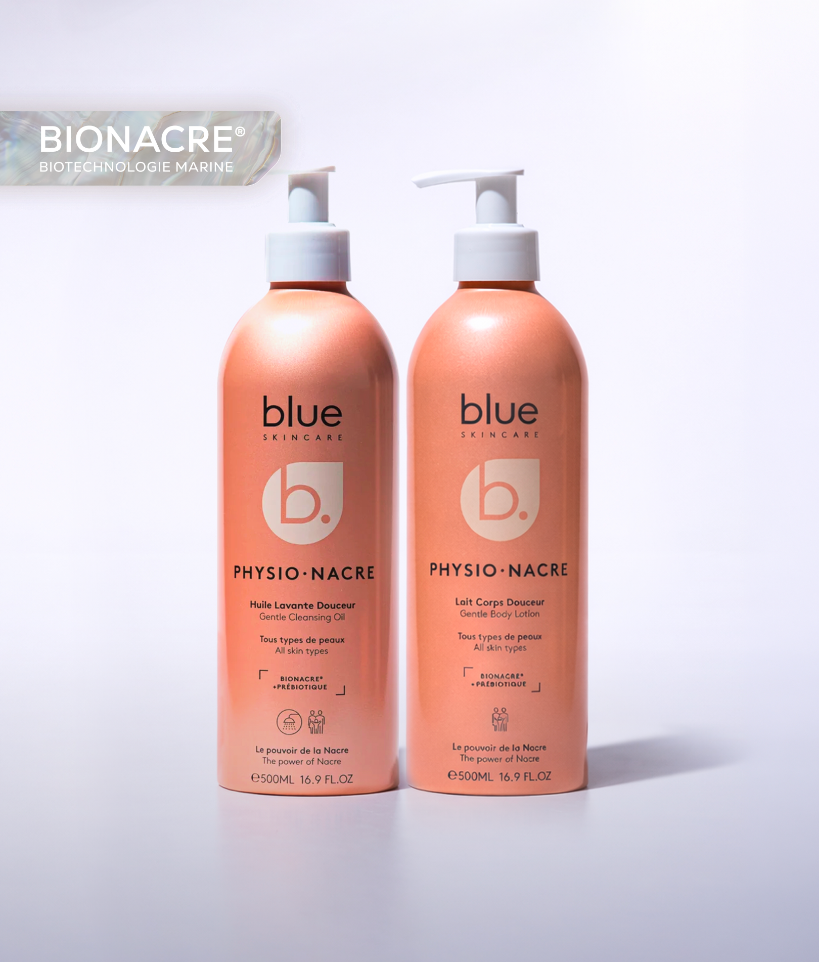 Rituel Douceur Physio Nacre comprenant l’huile lavante douceur et le lait corps douceur pour nettoyer, hydrater et apaiser la peau au quotidien.
