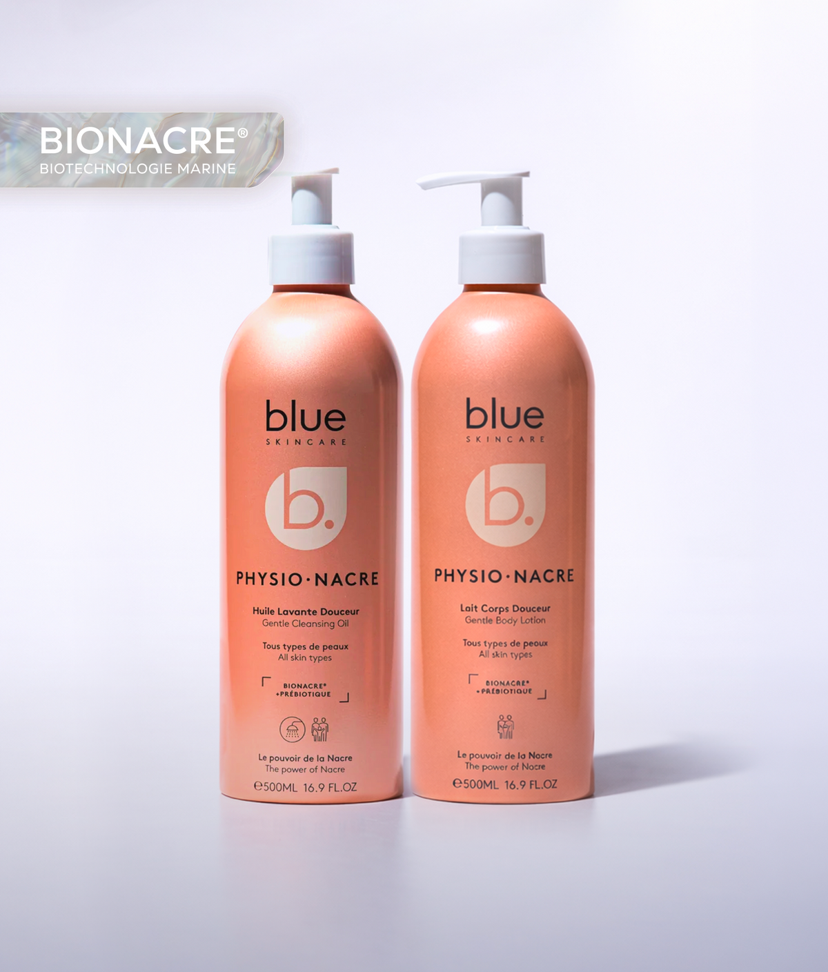 Rituel Douceur Physio Nacre comprenant l’huile lavante douceur et le lait corps douceur pour nettoyer, hydrater et apaiser la peau au quotidien.