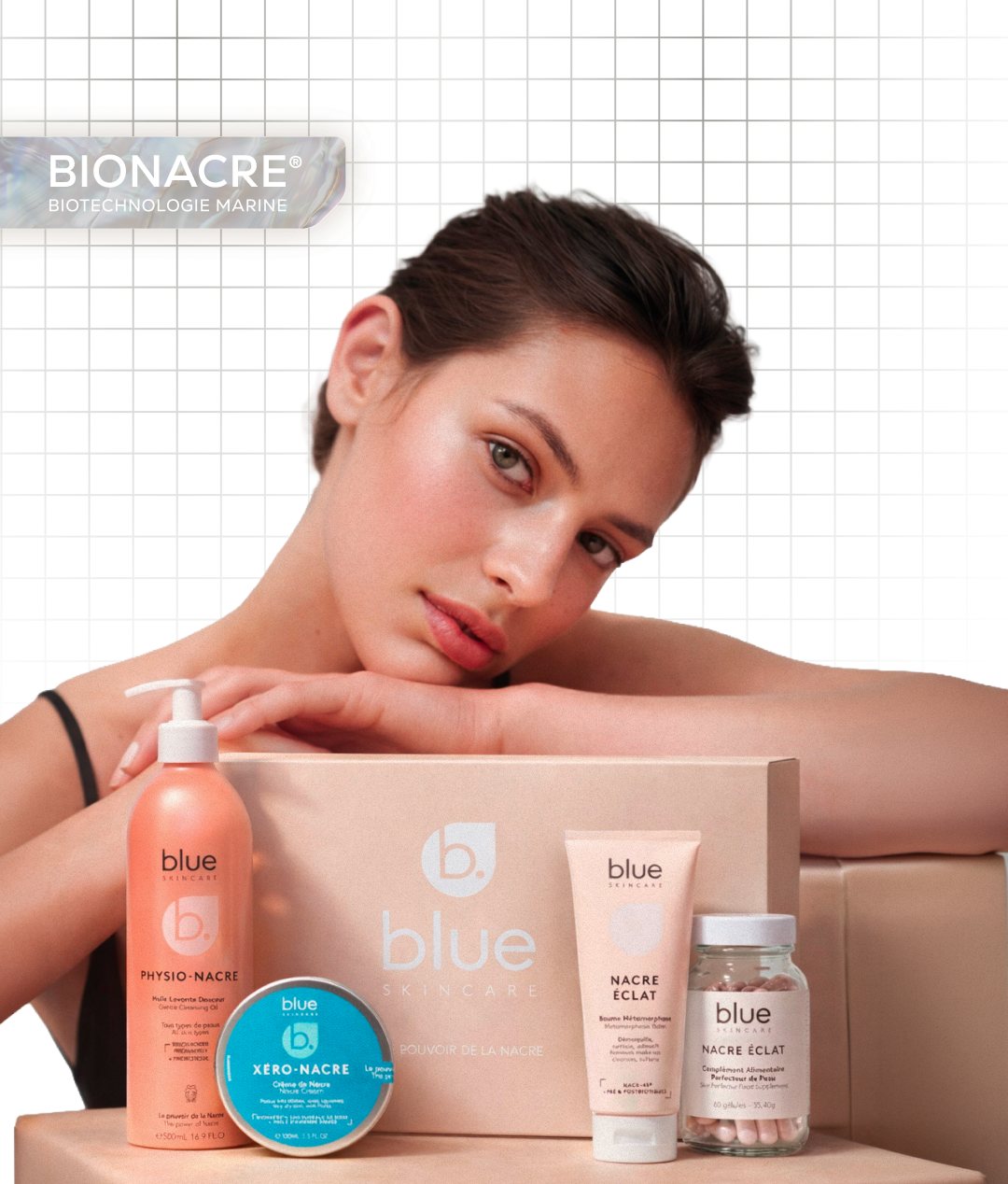 Mannequin présentant le coffret Trésor de Perle composé d’une routine complète de soins pour hydrater et nourrir les peaux sèches et sensibles.