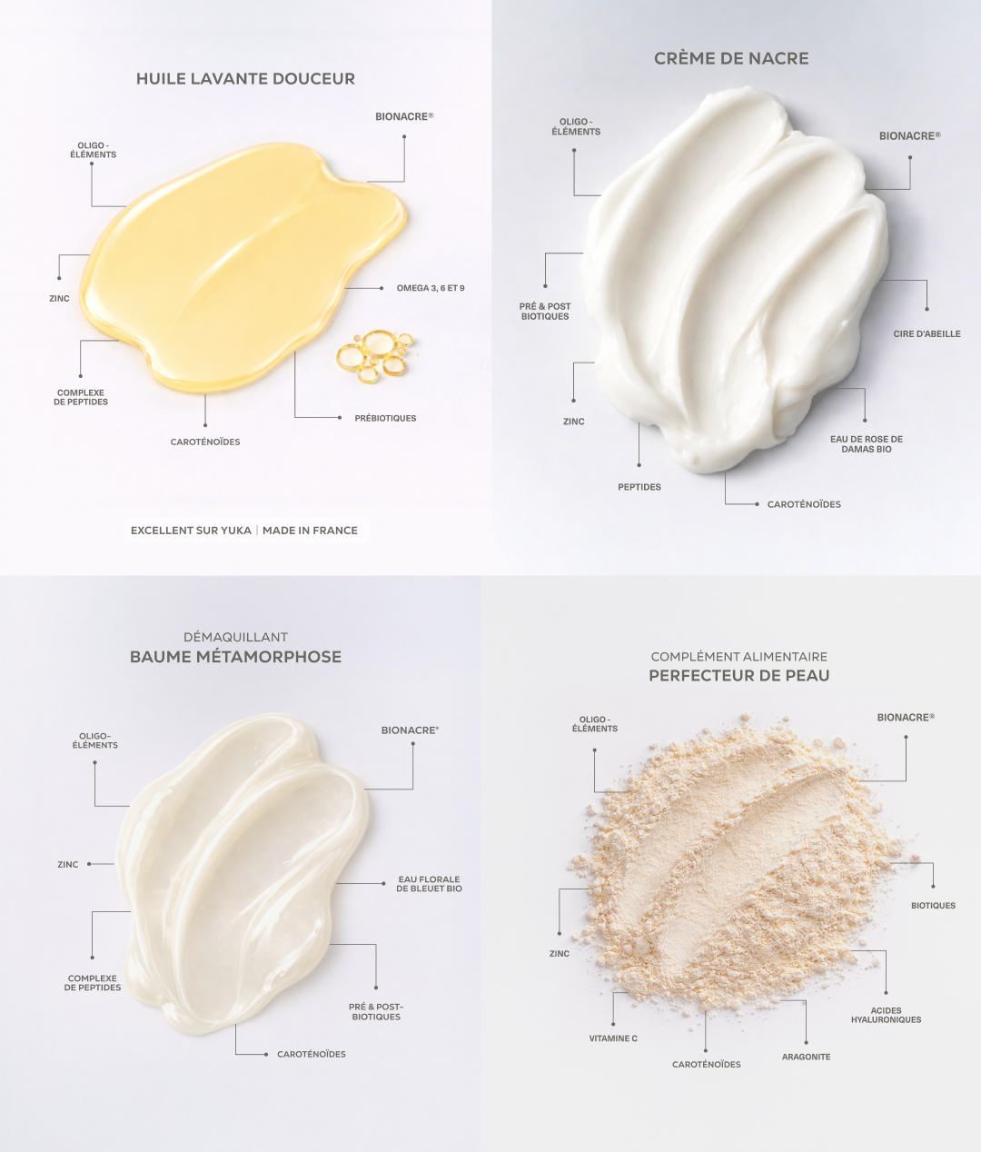 Textures des produits du coffret Trésor de Perle Blue Skincare : huile lavante douceur, crème de nacre, baume démaquillant/nettoyant et complément alimentaire beauté.