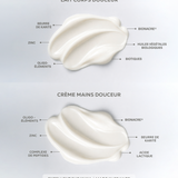 Textures de la Crème Mains douceur et du lait corps douceur Physio Nacre illustrant une routine de soins hydratante et apaisante pour la peau sèche et sensible.
