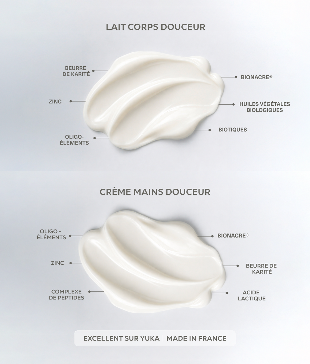 Textures de la Crème Mains douceur et du lait corps douceur Physio Nacre illustrant une routine de soins hydratante et apaisante pour la peau sèche et sensible.