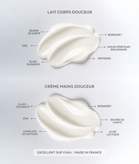 Textures de la Crème Mains douceur et du lait corps douceur Physio Nacre illustrant une routine de soins hydratante et apaisante pour la peau sèche et sensible.