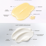 Textures de l’huile lavante douceur et du lait corps douceur Physio Nacre illustrant une routine de soins hydratante et apaisante pour la peau sèche et sensible.
