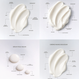 Textures des soins de la trousse Réparation Après-Soleil Physio Nacre : lait corps, sérum peau neuve, crème de nacre et crème mains douceur pour régénérer, renforcer et apaiser la peau.