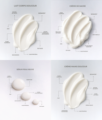 Textures des soins de la trousse Réparation Après-Soleil Physio Nacre : lait corps, sérum peau neuve, crème de nacre et crème mains douceur pour régénérer, renforcer et apaiser la peau.