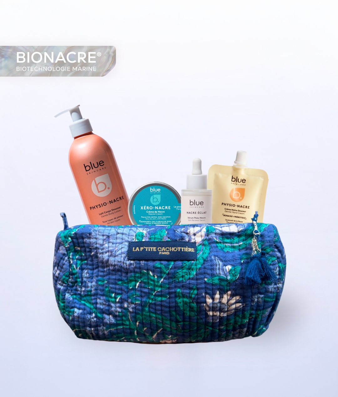 Trousse Réparation Après-Soleil Physio Nacre comprenant le lait corps douceur, la crème de nacre, le sérum peau neuve et la crème mains douceur, tous enrichis en BIONACRE pour régénérer, renforcer et apaiser la peau.