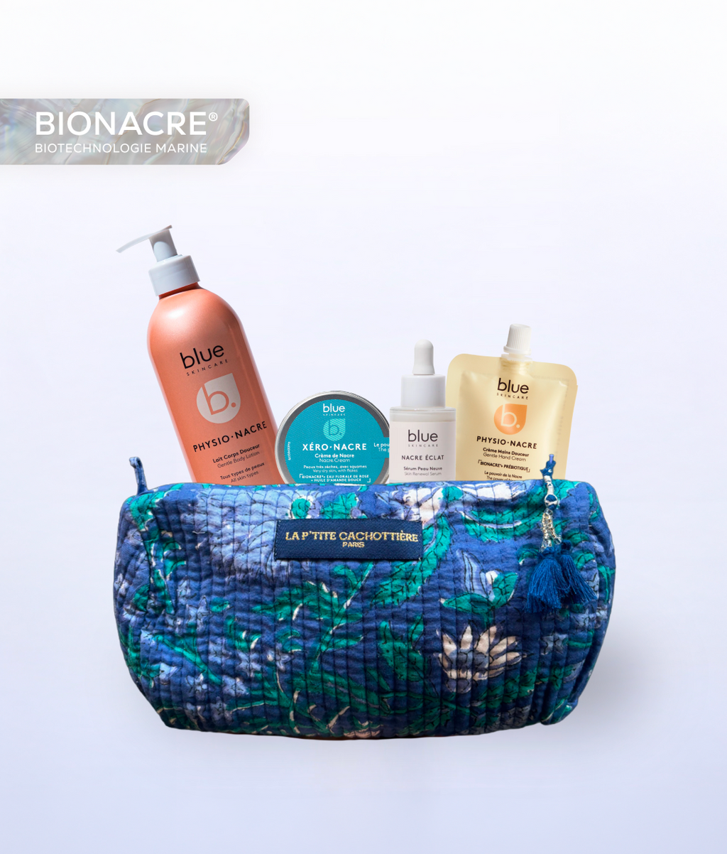 Trousse Réparation Après-Soleil Physio Nacre comprenant le lait corps douceur, la crème de nacre, le sérum peau neuve et la crème mains douceur, tous enrichis en BIONACRE pour régénérer, renforcer et apaiser la peau.